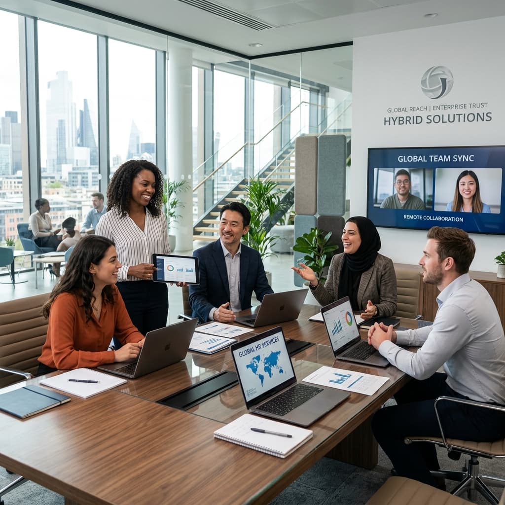 High-end corporate office environment with diverse team members collaborating over a bright, modern conference table.