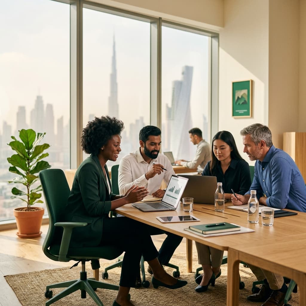 Diverse team of HR and business professionals collaborating in a modern Dubai office