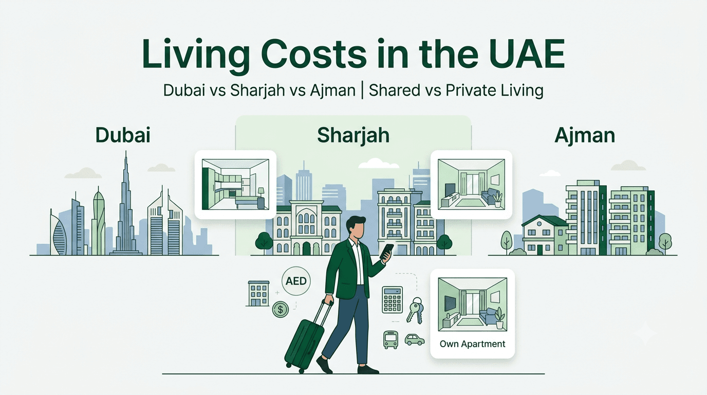 Living Cost in UAE 2026: Dubai vs Sharjah vs Ajman | Shared vs Private Accommodation